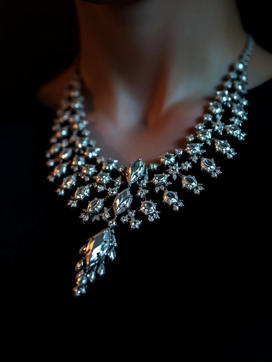 Колье High Jewelry с бриллиантами маркиз на тёмном фоне